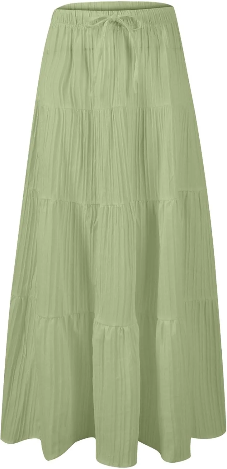 Summer Skirts for Women Casual Elastic High Waisted Pleated Skirt Midi Length Drawstring Flowy Beach Long Skirt