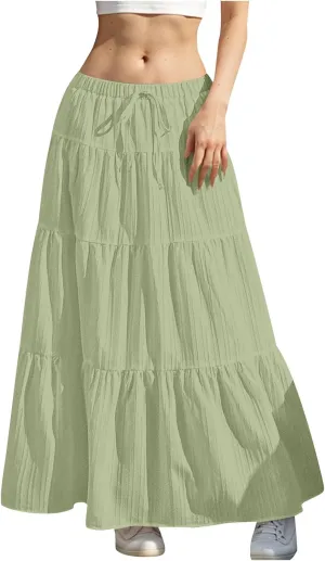 Summer Skirts for Women Casual Elastic High Waisted Pleated Skirt Midi Length Drawstring Flowy Beach Long Skirt