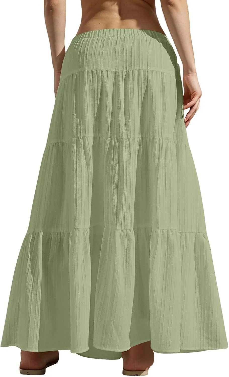 Summer Skirts for Women Casual Elastic High Waisted Pleated Skirt Midi Length Drawstring Flowy Beach Long Skirt