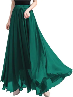 Summer Skirts for Women Vacation Elastic High Waisted Layer Flowy Beach Long Skirt Casual Solid Pleated Maxi Skirt
