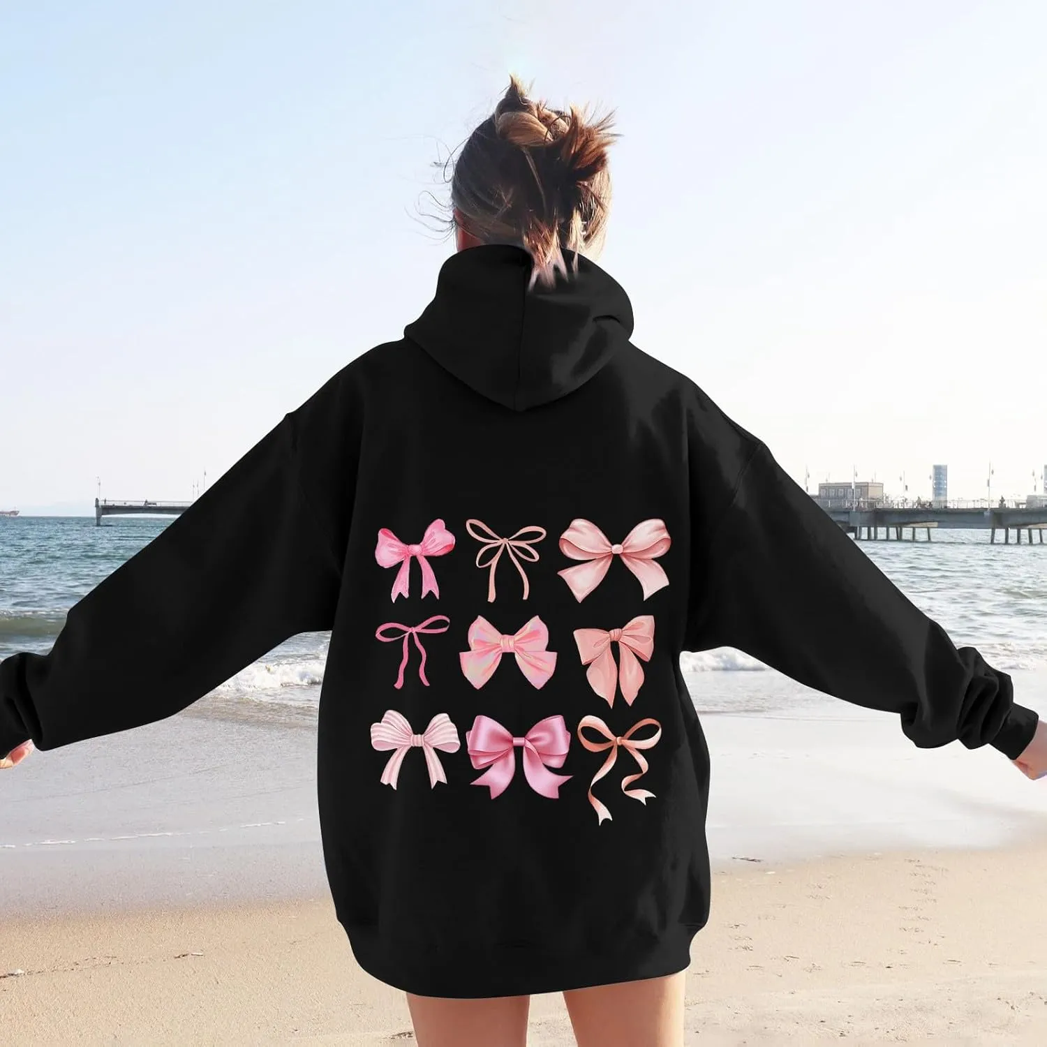 Sweatshirts For Women Long Sleeve Letter Print Casual Graphic Drawstring Pullover Cute Oversize Hoodie