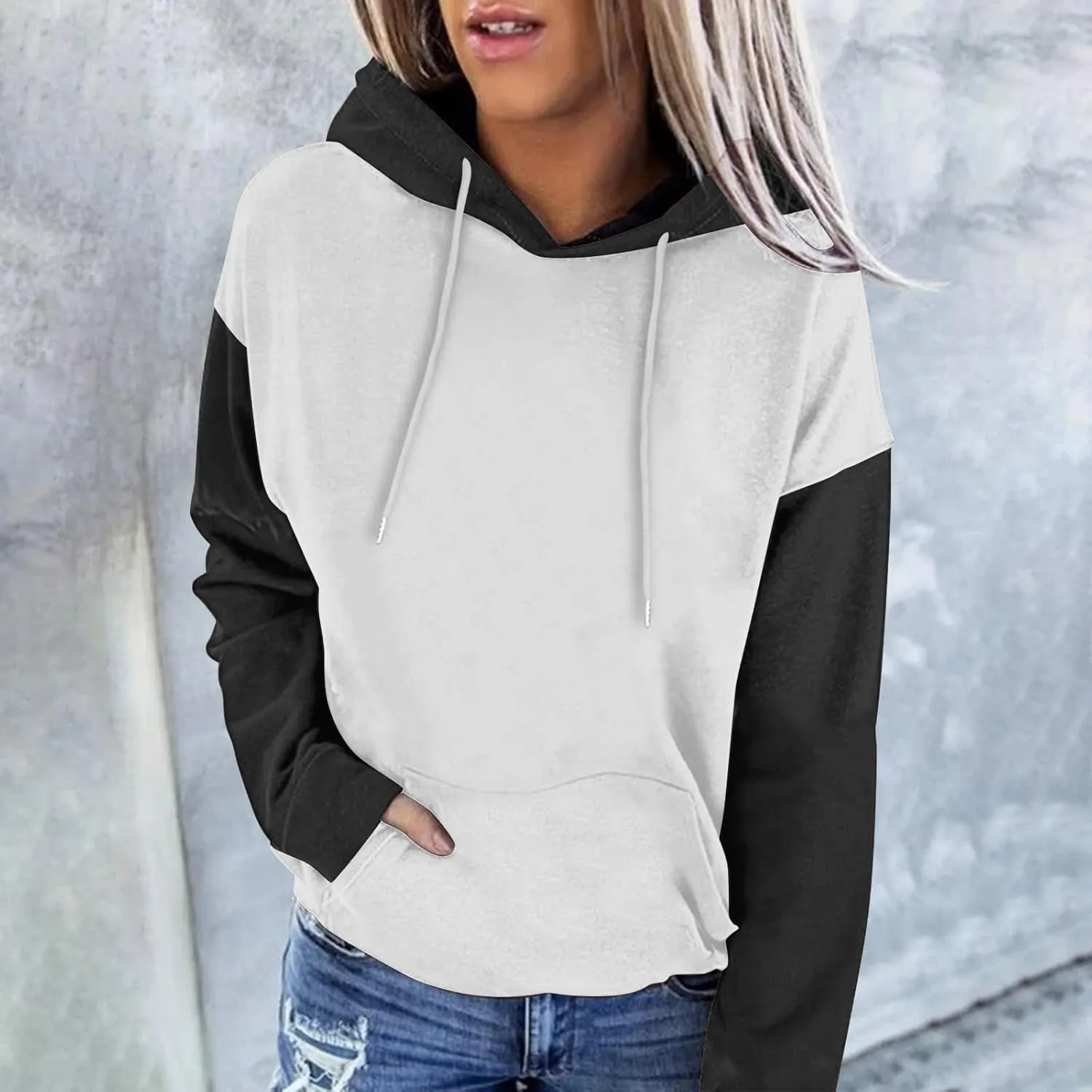 Sweatshirts for Women Oversized Drawstring Color Block Hoodies Spring Trendy Long Sleeve Pullover Tops with Pocket