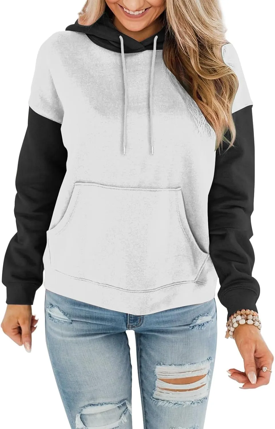Sweatshirts for Women Oversized Drawstring Color Block Hoodies Spring Trendy Long Sleeve Pullover Tops with Pocket