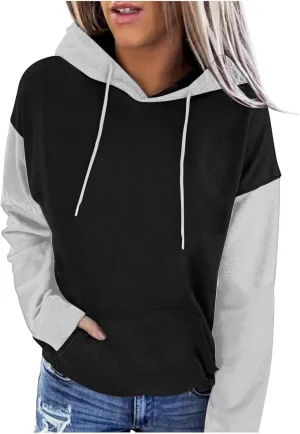 Sweatshirts for Women Oversized Drawstring Color Block Hoodies Spring Trendy Long Sleeve Pullover Tops with Pocket