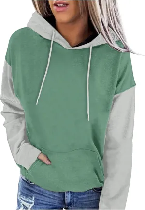 Sweatshirts for Women Oversized Drawstring Color Block Hoodies Spring Trendy Long Sleeve Pullover Tops with Pocket