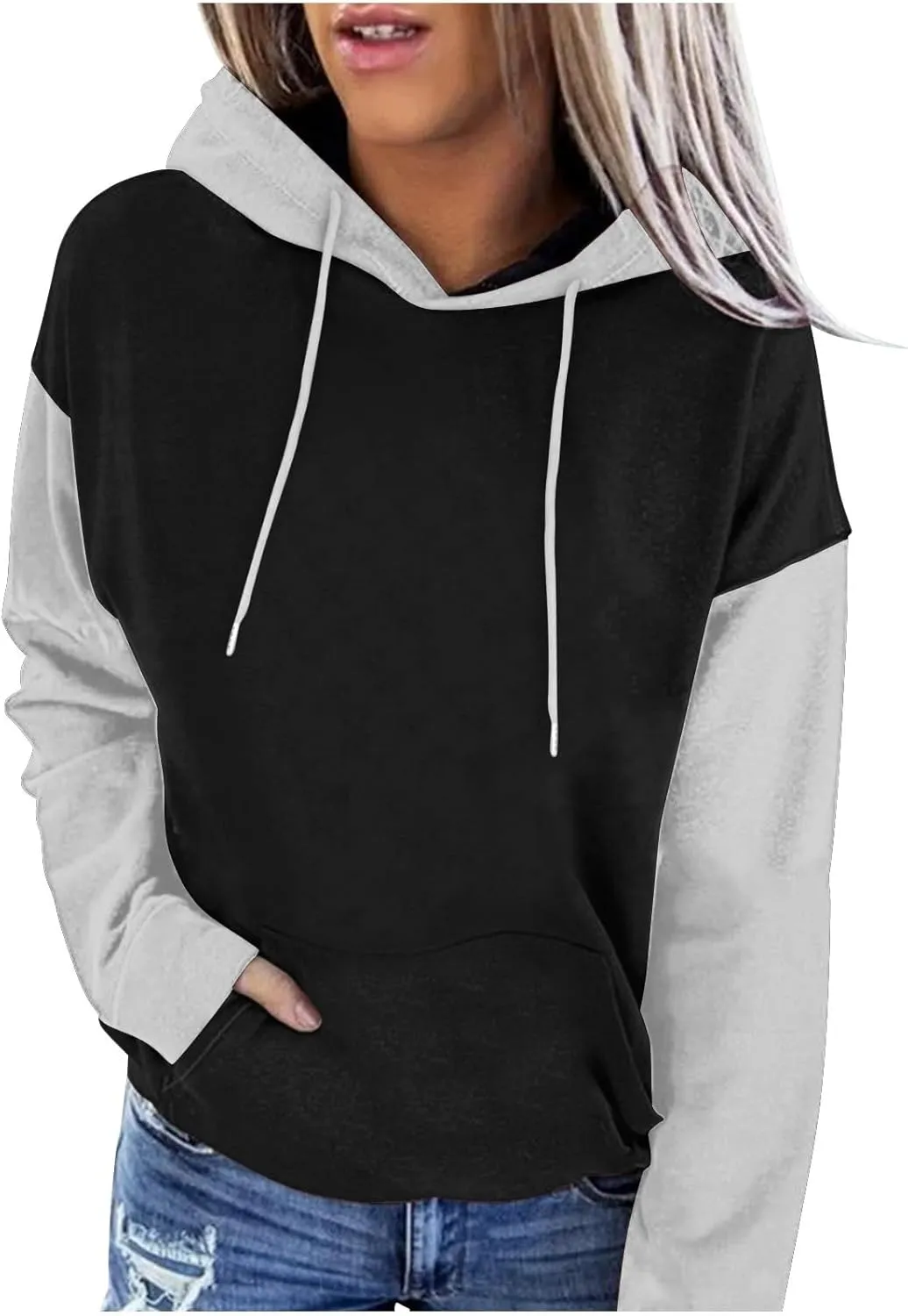 Sweatshirts for Women Oversized Drawstring Color Block Hoodies Spring Trendy Long Sleeve Pullover Tops with Pocket