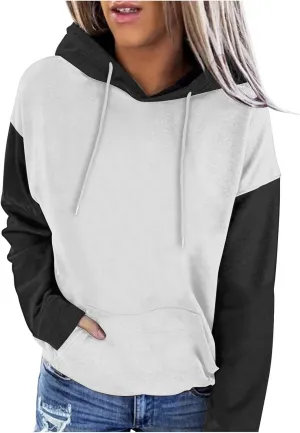 Sweatshirts for Women Oversized Drawstring Color Block Hoodies Spring Trendy Long Sleeve Pullover Tops with Pocket