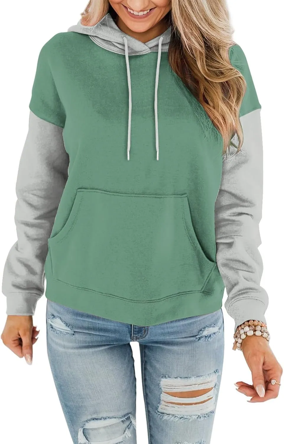 Sweatshirts for Women Oversized Drawstring Color Block Hoodies Spring Trendy Long Sleeve Pullover Tops with Pocket