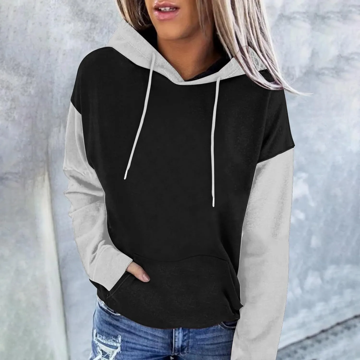 Sweatshirts for Women Oversized Drawstring Color Block Hoodies Spring Trendy Long Sleeve Pullover Tops with Pocket