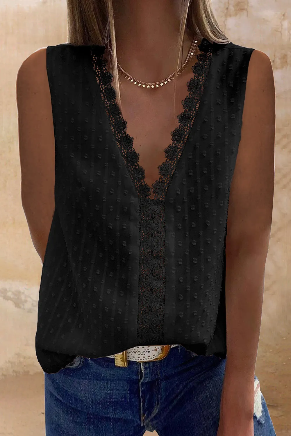 Textured Swiss Dot V Neck Lace Tank Top