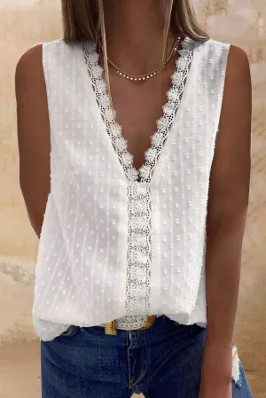 Textured Swiss Dot V Neck Lace Tank Top