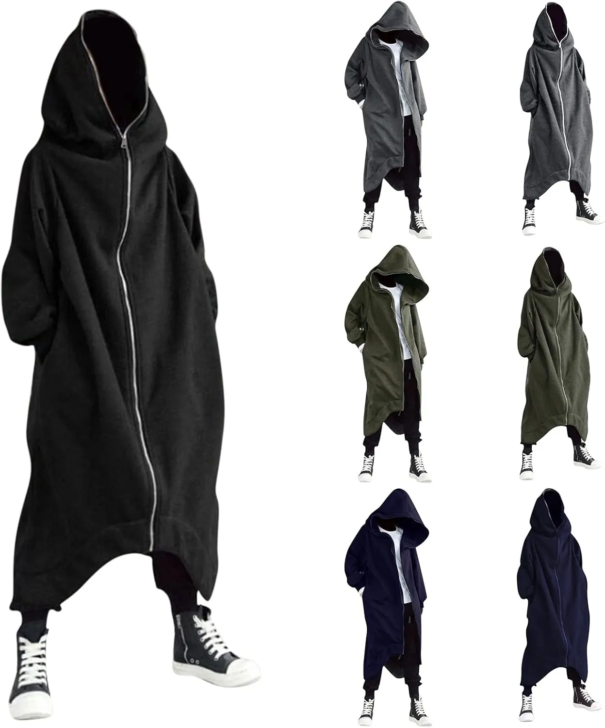 TUQIDEWU Hoodies for Men Pullover, Full Zipper Cloak Cardigan with Hood Long Tunic Sweatshirts Jackets Gothic Street Hoodies