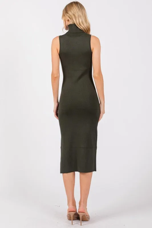 Turtle Neck Side Slit Sweater Dress