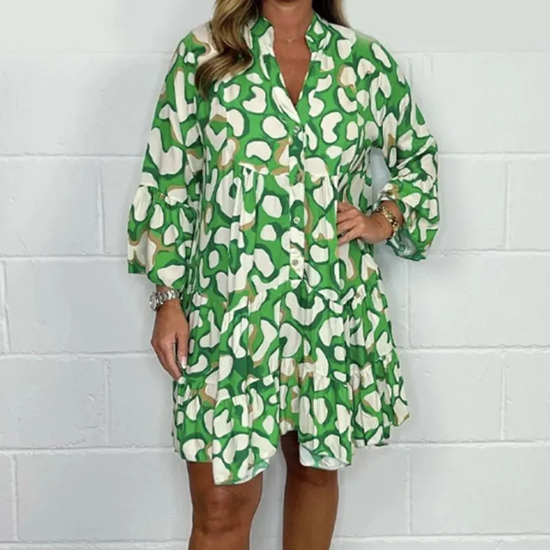 V-neck Swing A-Line Summer Elegant Graphic Loose Flare Sleeve Buttoned Office Elegant Simple Dress