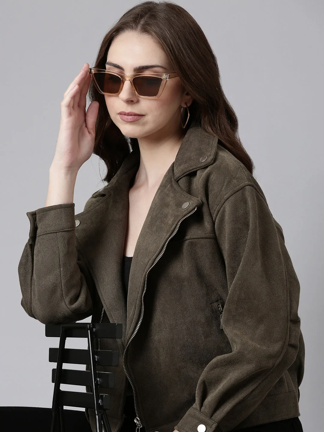 Women Olive Suede Tailored Jacket