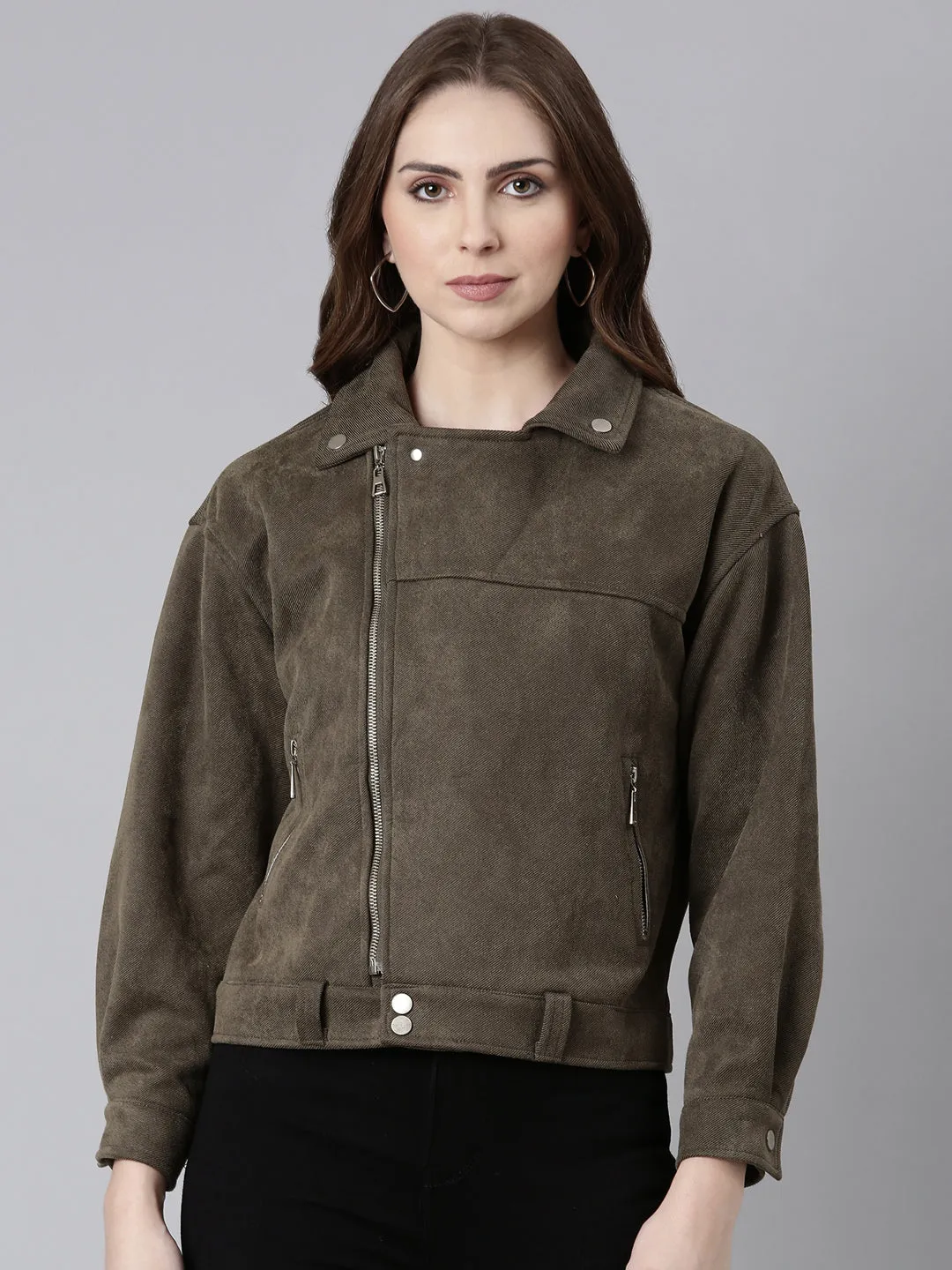 Women Olive Suede Tailored Jacket