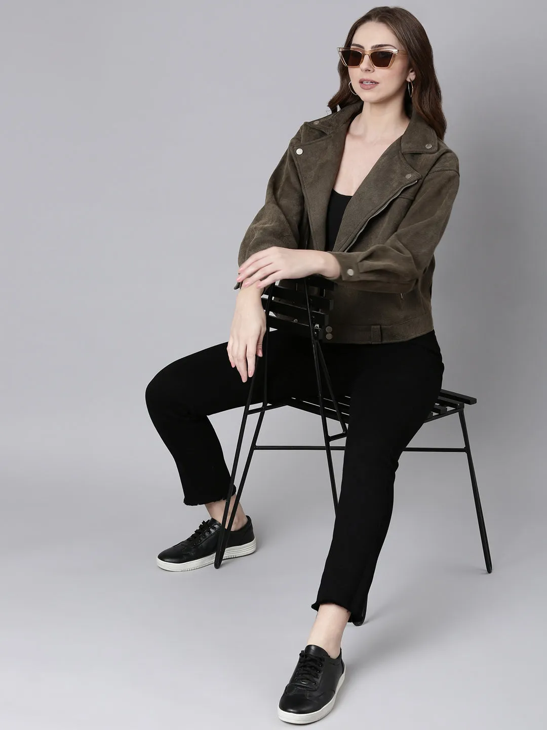 Women Olive Suede Tailored Jacket