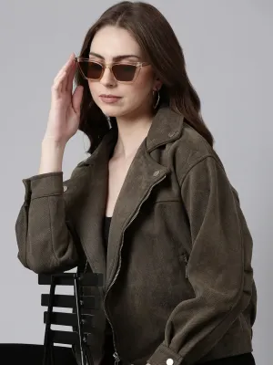 Women Olive Suede Tailored Jacket