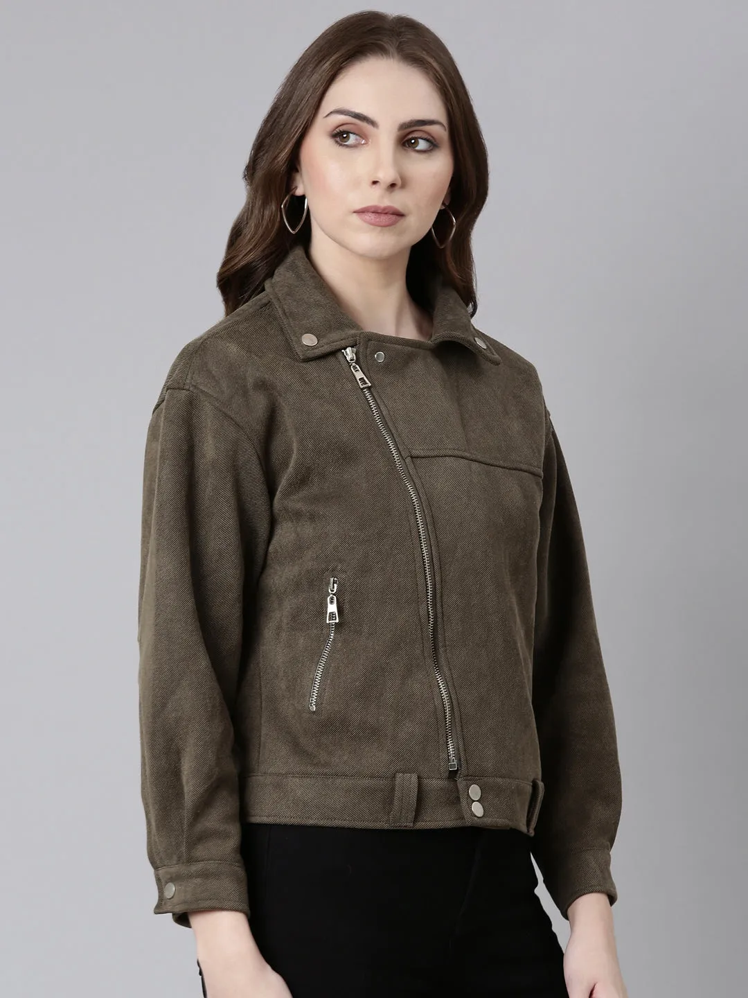 Women Olive Suede Tailored Jacket