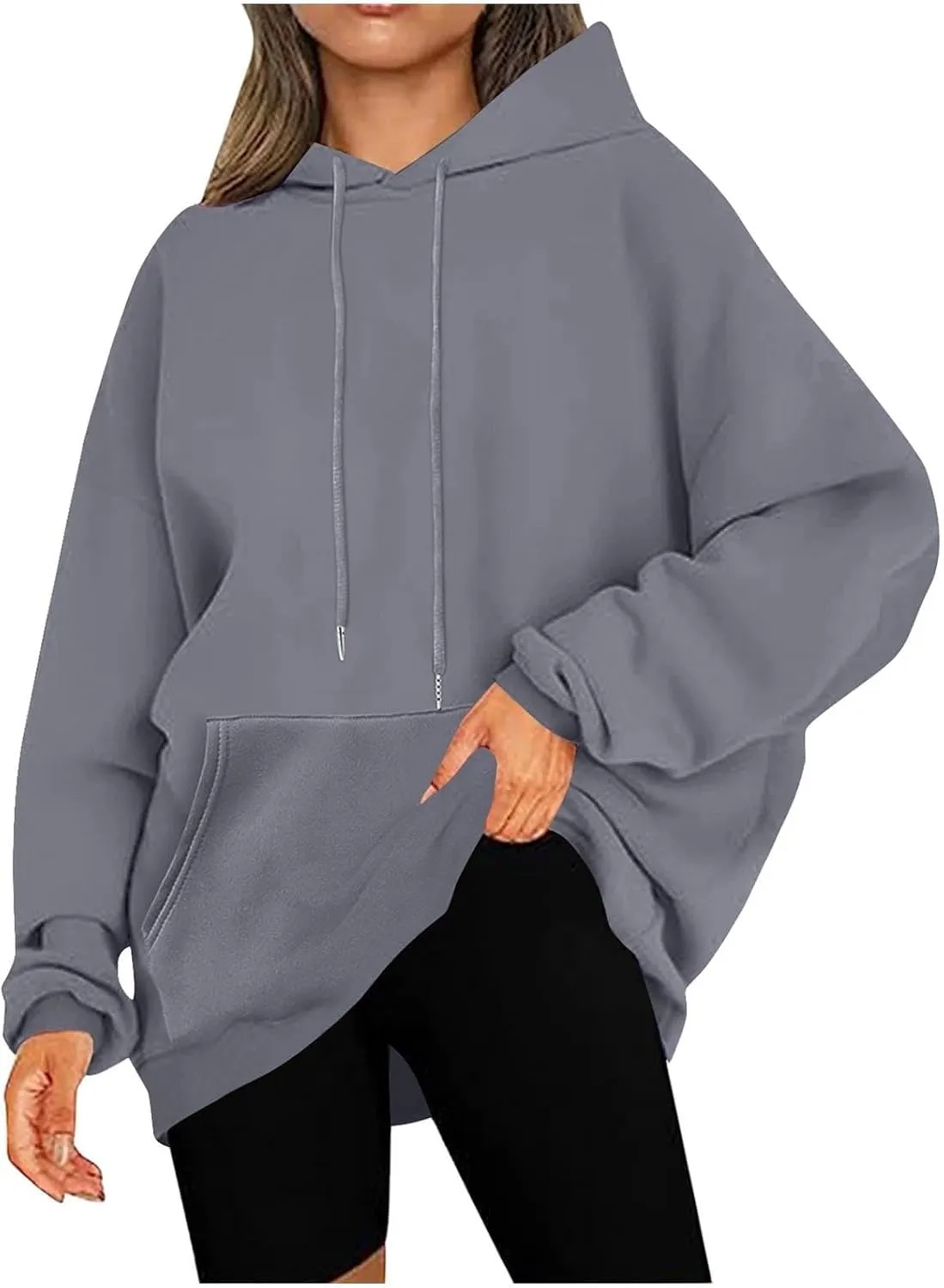 Women Oversized Hoodie Fleece Plain Plus Size Sweatshirts with Pocket Drawstring Workout Pullover Sweaters Tops