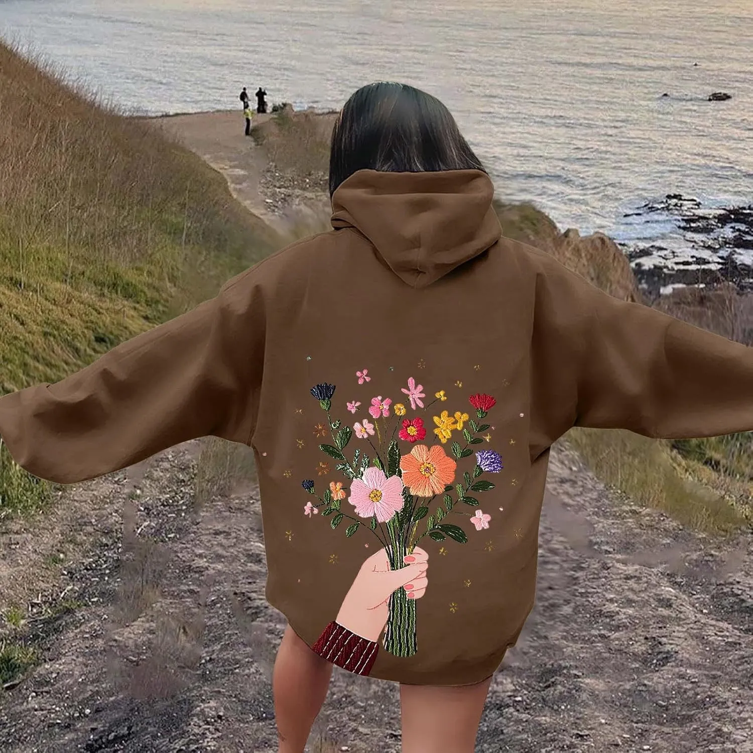 Women Sweatshirts Graphic Hoodies Oversized Pullover Flower Casual Long Sleeve Hooded Drawstring Sweatshirt