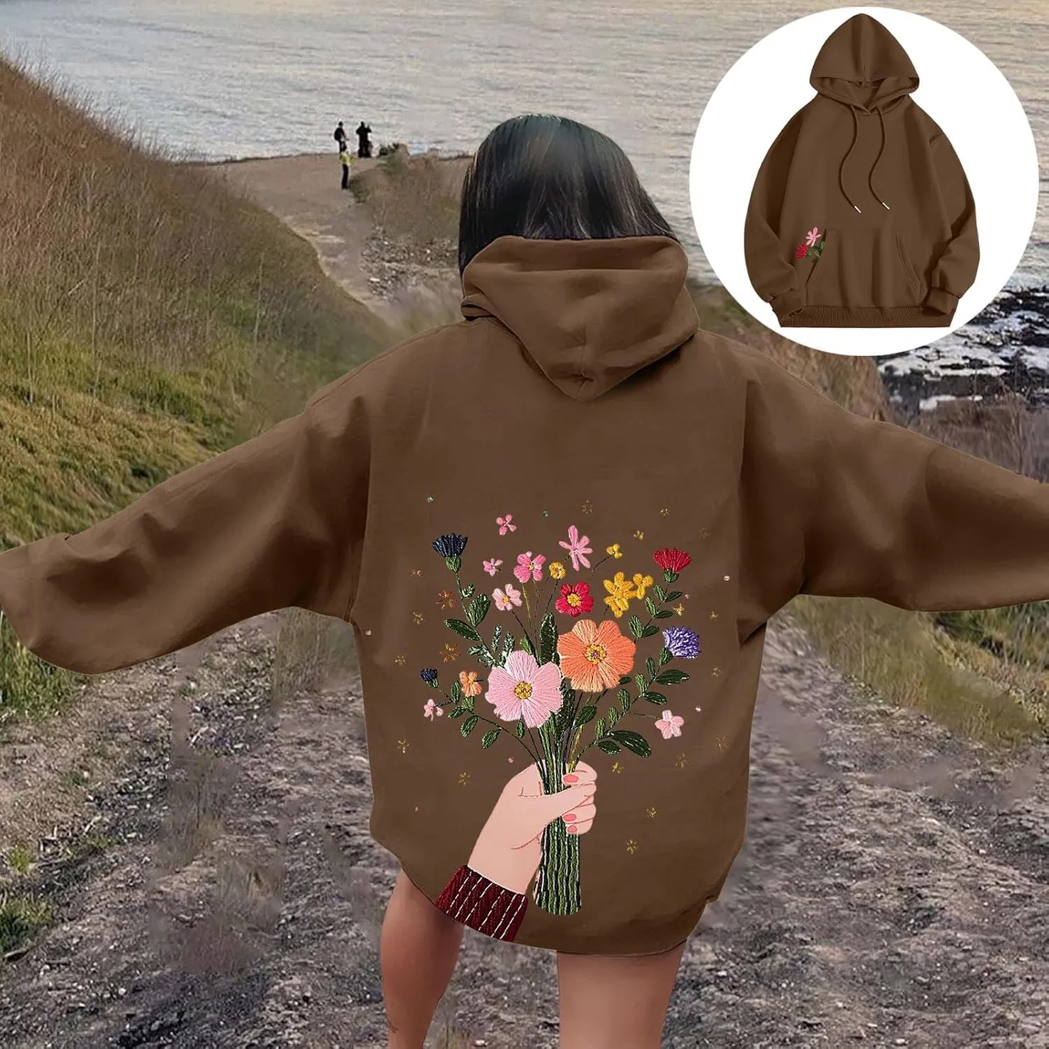 Women Sweatshirts Graphic Hoodies Oversized Pullover Flower Casual Long Sleeve Hooded Drawstring Sweatshirt