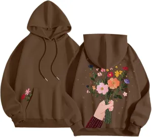Women Sweatshirts Graphic Hoodies Oversized Pullover Flower Casual Long Sleeve Hooded Drawstring Sweatshirt