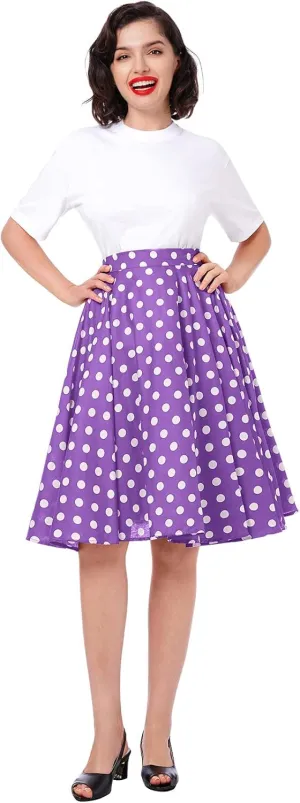 Women Vintage A Line Midi Skirt Floral Berry Cherry Print Pleated Skirts 50s Polka Dot Swing Skirt Knee Length Skater Skirt