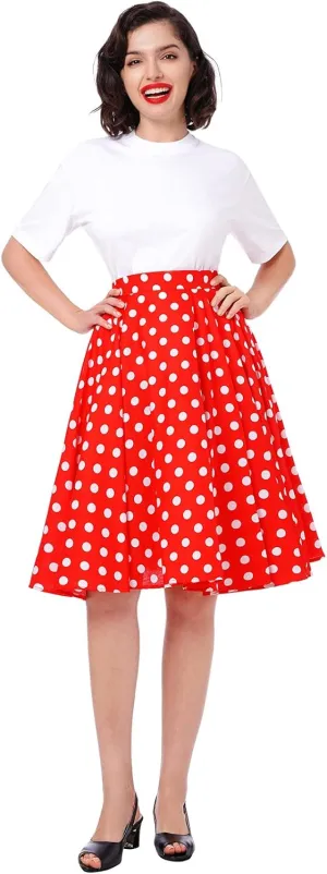 Women Vintage A Line Midi Skirt Floral Berry Cherry Print Pleated Skirts 50s Polka Dot Swing Skirt Knee Length Skater Skirt