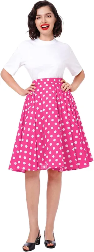 Women Vintage A Line Midi Skirt Floral Berry Cherry Print Pleated Skirts 50s Polka Dot Swing Skirt Knee Length Skater Skirt