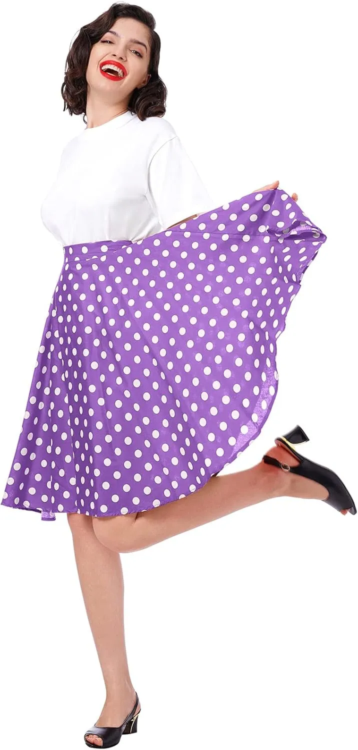 Women Vintage A Line Midi Skirt Floral Berry Cherry Print Pleated Skirts 50s Polka Dot Swing Skirt Knee Length Skater Skirt