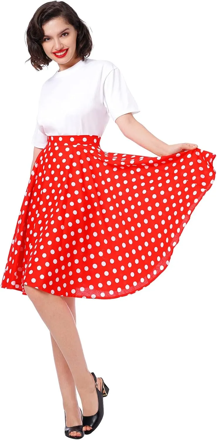 Women Vintage A Line Midi Skirt Floral Berry Cherry Print Pleated Skirts 50s Polka Dot Swing Skirt Knee Length Skater Skirt
