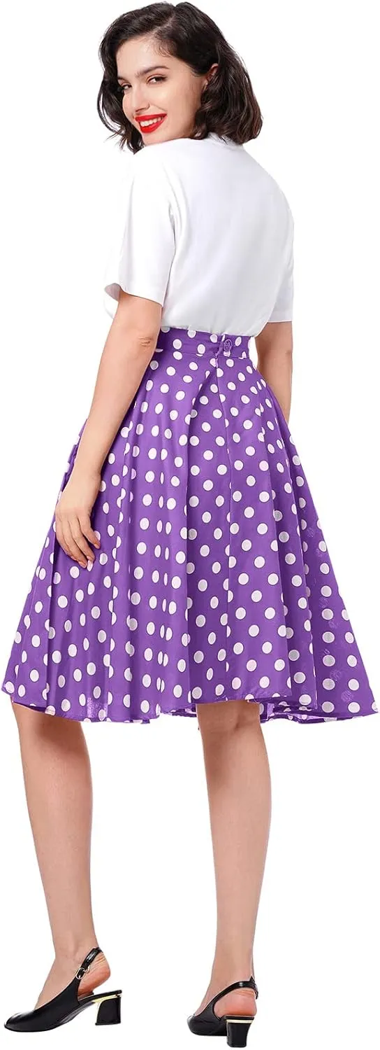 Women Vintage A Line Midi Skirt Floral Berry Cherry Print Pleated Skirts 50s Polka Dot Swing Skirt Knee Length Skater Skirt