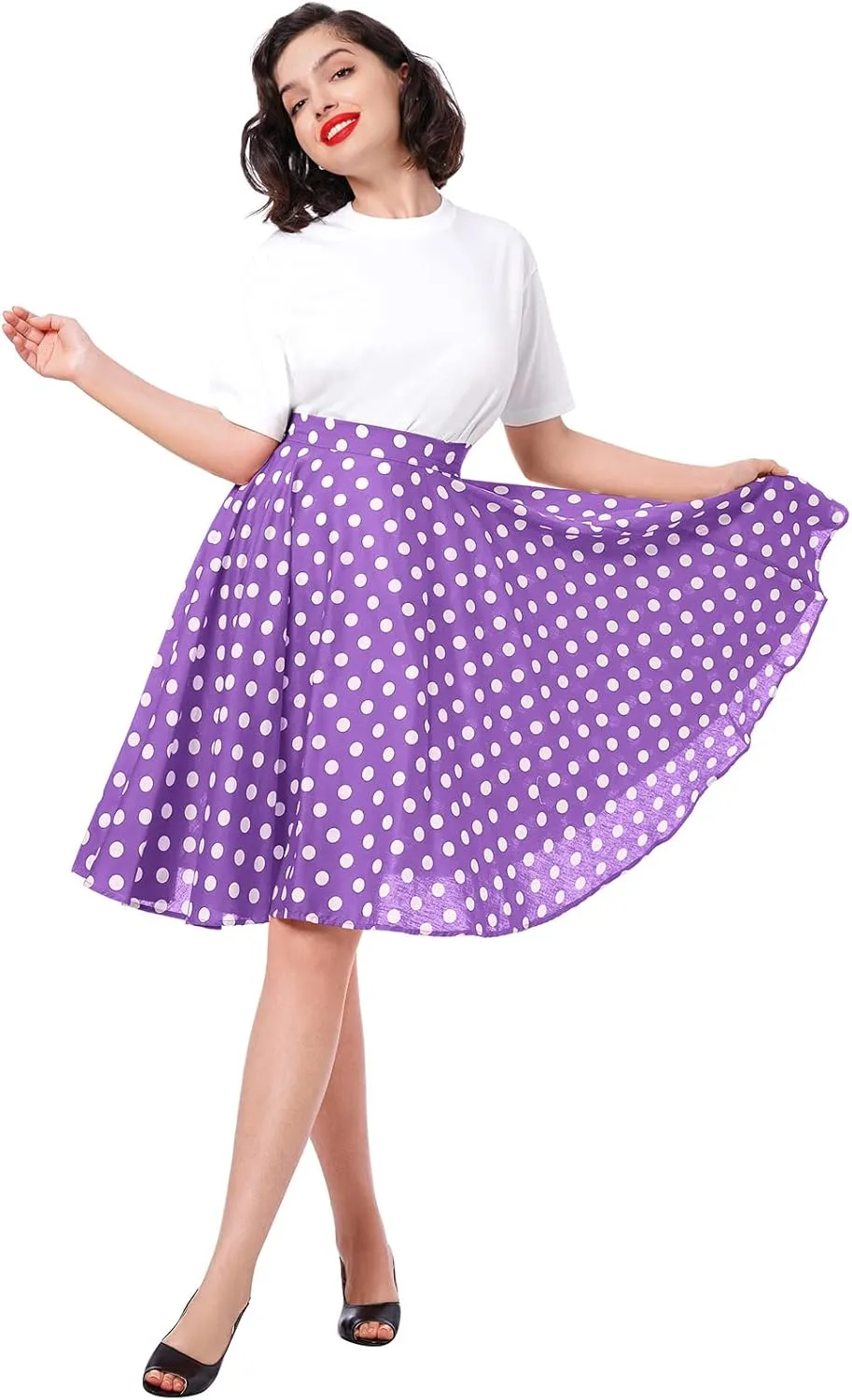 Women Vintage A Line Midi Skirt Floral Berry Cherry Print Pleated Skirts 50s Polka Dot Swing Skirt Knee Length Skater Skirt