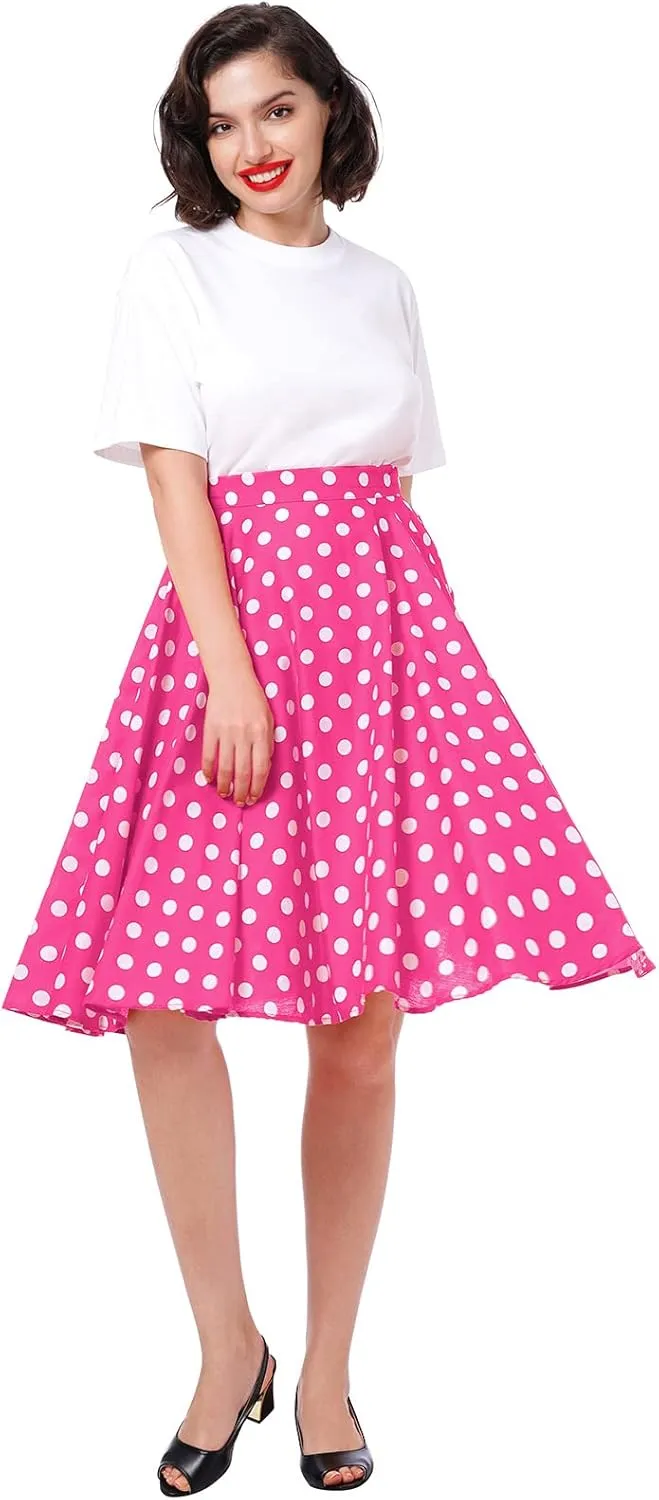 Women Vintage A Line Midi Skirt Floral Berry Cherry Print Pleated Skirts 50s Polka Dot Swing Skirt Knee Length Skater Skirt