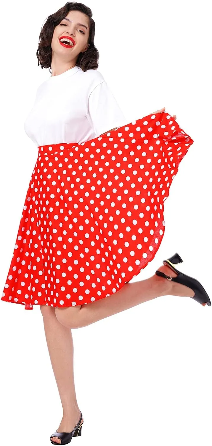 Women Vintage A Line Midi Skirt Floral Berry Cherry Print Pleated Skirts 50s Polka Dot Swing Skirt Knee Length Skater Skirt