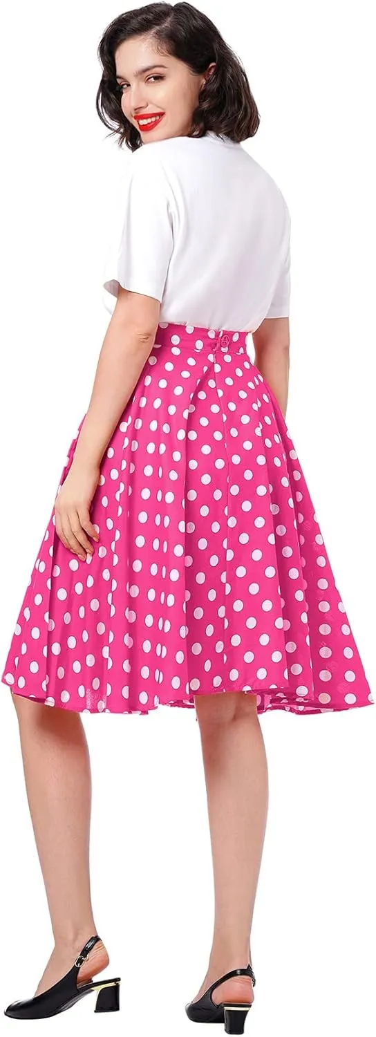 Women Vintage A Line Midi Skirt Floral Berry Cherry Print Pleated Skirts 50s Polka Dot Swing Skirt Knee Length Skater Skirt