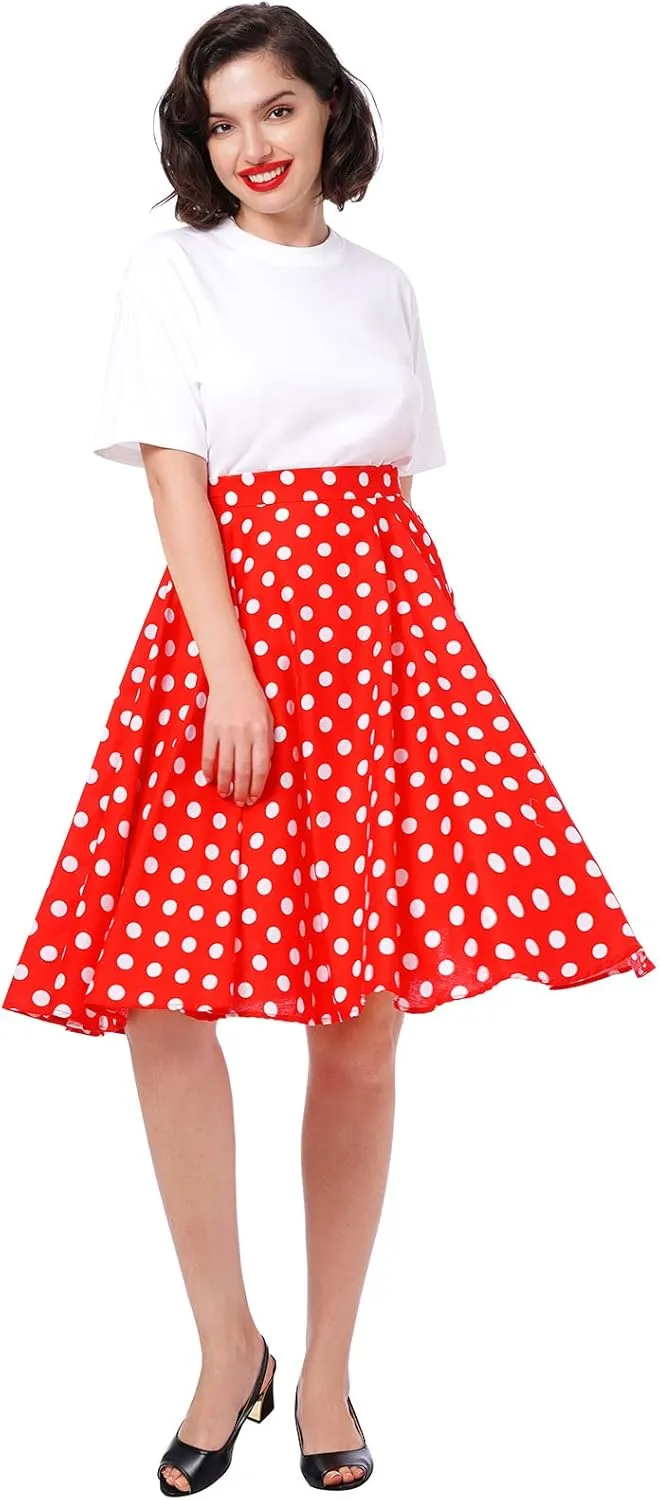 Women Vintage A Line Midi Skirt Floral Berry Cherry Print Pleated Skirts 50s Polka Dot Swing Skirt Knee Length Skater Skirt