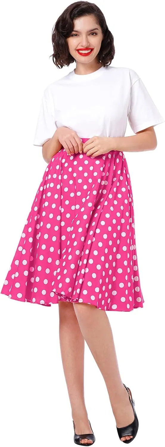 Women Vintage A Line Midi Skirt Floral Berry Cherry Print Pleated Skirts 50s Polka Dot Swing Skirt Knee Length Skater Skirt
