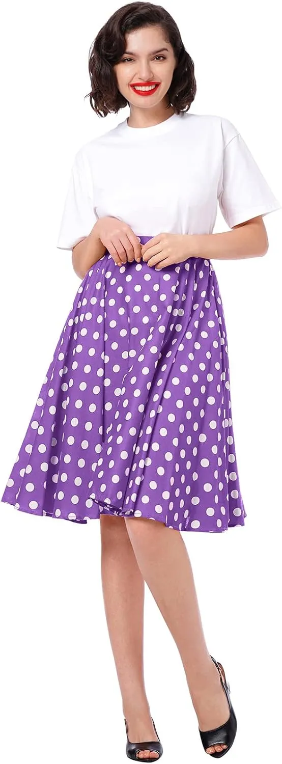 Women Vintage A Line Midi Skirt Floral Berry Cherry Print Pleated Skirts 50s Polka Dot Swing Skirt Knee Length Skater Skirt