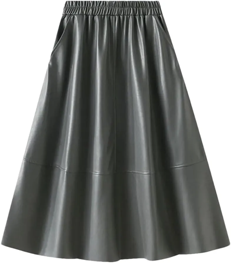Women Winter Skirts Solid Pu Leather Umbrella Skirts with Pockets Gray Midi Skirt