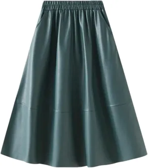Women Winter Skirts Solid Pu Leather Umbrella Skirts with Pockets Gray Midi Skirt