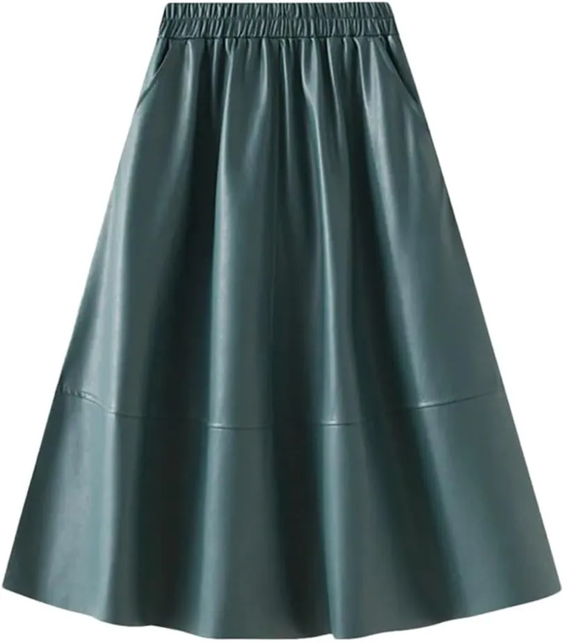 Women Winter Skirts Solid Pu Leather Umbrella Skirts with Pockets Gray Midi Skirt