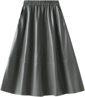 Women Winter Skirts Solid Pu Leather Umbrella Skirts with Pockets Gray Midi Skirt