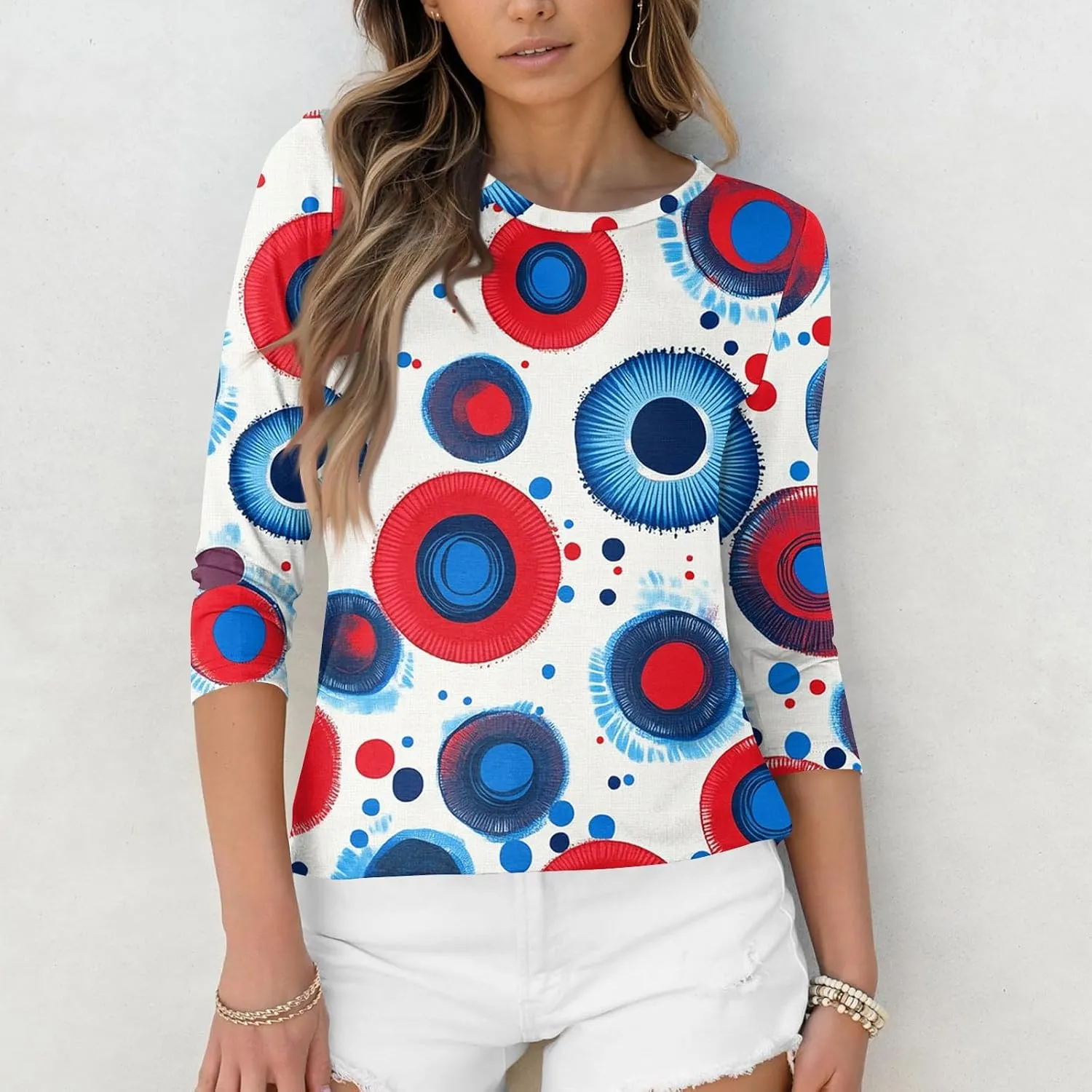 Womens 4Th of July Shirts Tops Plus Size American Flag Tshirt 3/4 Length Sleeve Trendy Oversized Sweatshirts Blouses