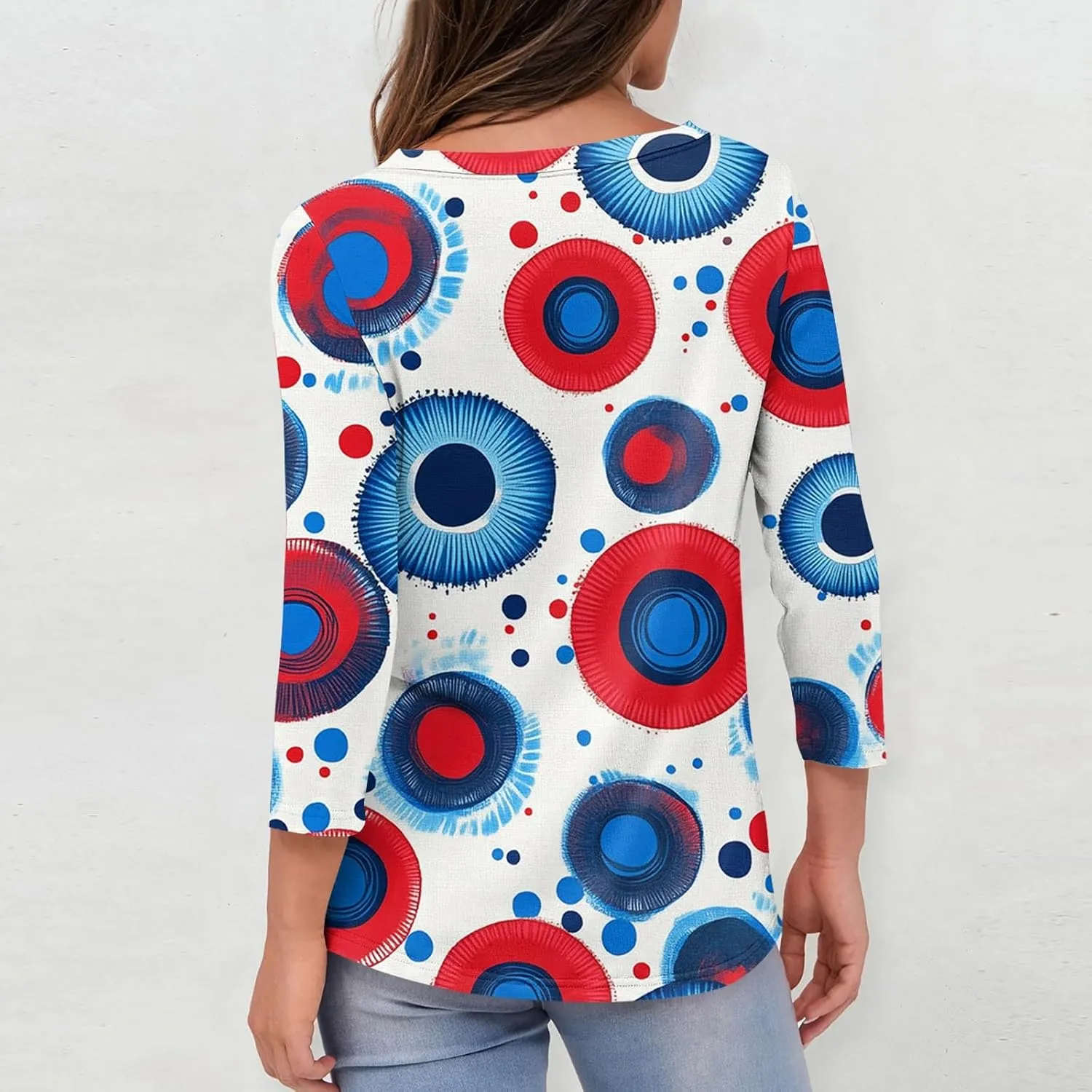 Womens 4Th of July Shirts Tops Plus Size American Flag Tshirt 3/4 Length Sleeve Trendy Oversized Sweatshirts Blouses