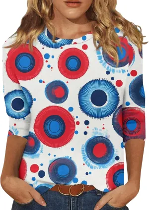 Womens 4Th of July Shirts Tops Plus Size American Flag Tshirt 3/4 Length Sleeve Trendy Oversized Sweatshirts Blouses