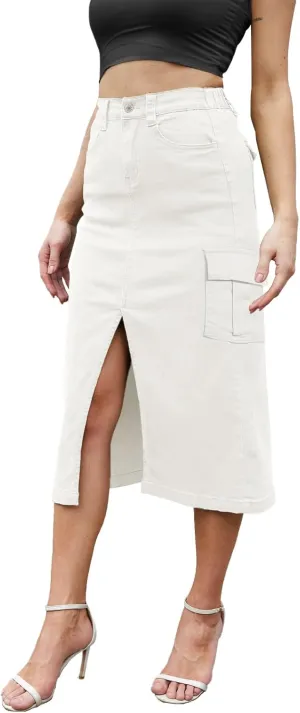 Women's Cargo Midi Skirt High Elastic Waist Front Slit Vintage Style Trendy Long Solid Skirts for Women