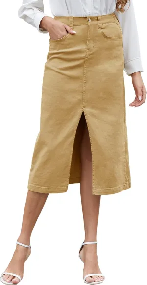 Women's Cargo Midi Skirt High Elastic Waist Front Slit Vintage Style Trendy Long Solid Skirts for Women