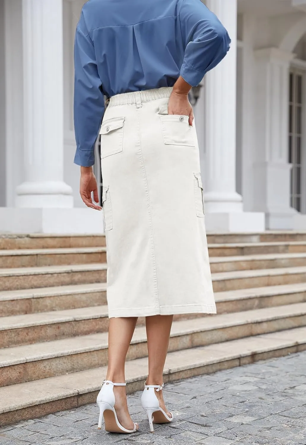 Women's Cargo Midi Skirt High Elastic Waist Front Slit Vintage Style Trendy Long Solid Skirts for Women
